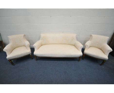 A LATE 19TH CENTURY THREE PIECE SALON SUITE, comprising a sofa, length 160cm x depth 78cm x height 82cm, along with a pair of