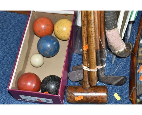 A BOX AND LOOSE VINTAGE GOLF CLUBS, WALKING STICKS, UMBRELLAS AND SUNDRY ITEMS, to include four hickory shaft iron golf clubs