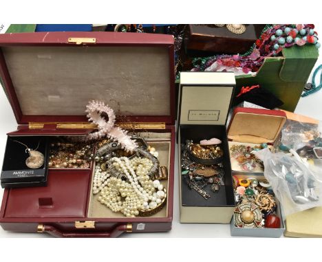 A LARGE SELECTION OF COSTUME JEWELLERY, to include two gem set and white metal bracelet, a small selection of damascene jewel