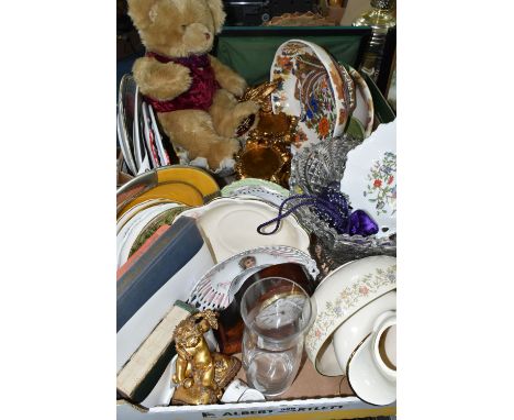 TWO BOXES OF MISCELLANEOUS SUNDRIES, together with eight framed paintings and prints, gilt candle holders, a cut crystal pede