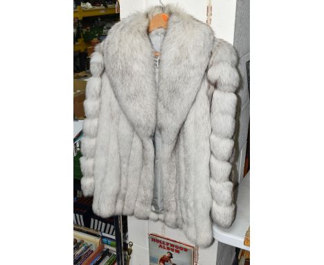 A FAULKES OF EDGBASTON FUR JACKET, size M, white fur with fine brown tips, together with a very large copper kettle on a bras