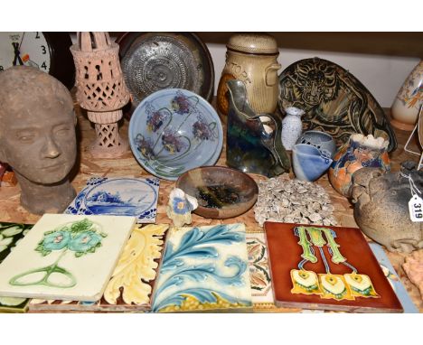 A COLLECTION OF 19TH AND EARLY 20TH CENTURY CERAMIC TILES AND CONTEMPORARY STUDIO POTTERY, comprising a Judith Fisher wall pl