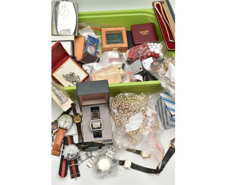 A BOX OF ASSORTED WRISTWATCHES AND COSTUME JEWELLERY, ten wristwatches, names to include Casio, Rotary, Tissot, Limit and Mon