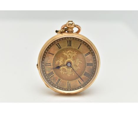 A LADIES YELLOW METAL POCKET WATCH, key wound, open face pocket watch, round floral detailed gold dial, Roman numerals, blue 