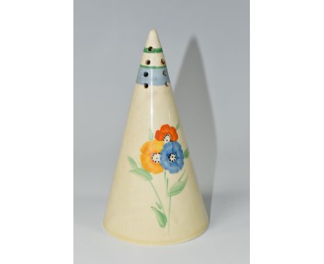 A CLARICE CLIFF CONICAL SUGAR SIFTER, in 'Fleur' pattern, painted with blue, yellow and orange flowers, bearing printed 'Wilk