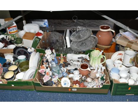 FIVE BOXES AND LOOSE CERAMICS, GLASS AND SUNDRY ITEMS, to include a puzzle jug by Holland Pottery Clevedon, two fairings: 'Fi