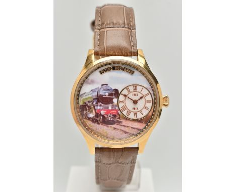 A BOXED NOVELTY WRISTWATCH, quartz movement, round dial depicting the Flying Scotsman, small Roman numeral dial at the three 