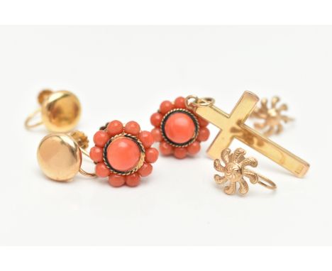 THREE PAIRS OF EARRINGS AND ONE CROSS PENDANT, to include a pair of coral cluster earrings, a pair of yellow metal plain poli