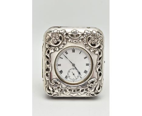 AN OPEN FACE POCKET WATCH WITH CASE, base metal, manual wind pocket watch, round white dial, Roman numerals, blue steel hands