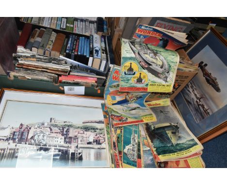 FOUR BOXES OF BOOKS, MAGAZINES, DVDs &amp; PRINTS relating to Aircraft &amp; War, forty book titles are in either hardback or