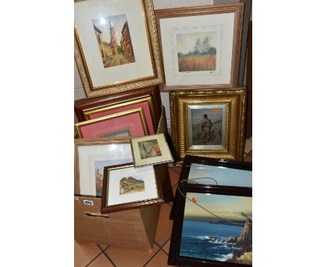 A BOX OF 20TH CENTURY PAINTINGS, comprising an oil on board depicting a Victorian style male figure in a landscape setting, i