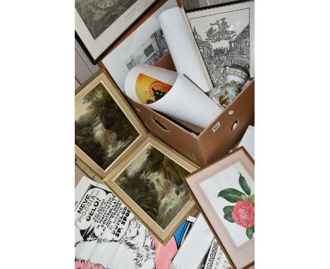 A SMALL QUANTITY OF PAINTINGS AND PRINTS ETC, to include two R. Wilson waterfall landscapes depicting Sulby Glen on the Isle 