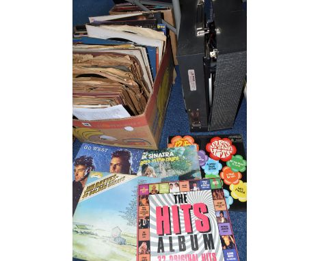 TWO BOXES OF L.P AND SINGLE RECORDS, together with a portable Bush record player Model SRP58, over two hundred singles to inc