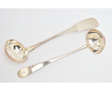 TWO SCOTTISH SILVER SAUCE LADLES, the first a fiddle pattern ladle with monogram engraving, hallmarked 'Robert Gray &amp; Son