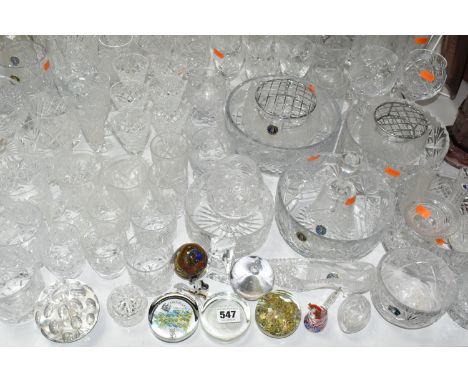 A QUANTITY OF ASSORTED GLASSWARES ETC, mostly cut glass drinking glasses, to include Tutbury Georgian crystal brandy balloons