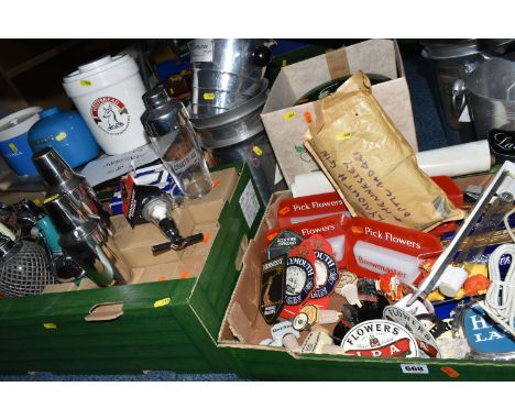 SIX BOXES OF BREWERIANA, to include a quantity of optics, beer pump equipment, many are new and unused in original boxes, two