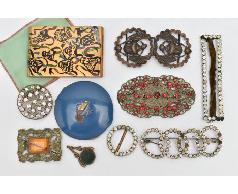A BOX OF EARLY AND MID 20TH CENTURY ITEMS, to include an Egyptian revival scarab brooch, four paste buckles, two coloured pas