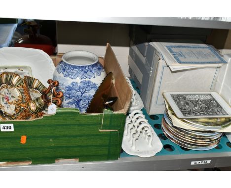 ONE BOX OF CERAMICS AND COLLECTOR'S PLATES, to include a majolica trefoil, a domed top Wedgwood cheese dish, a large blue and