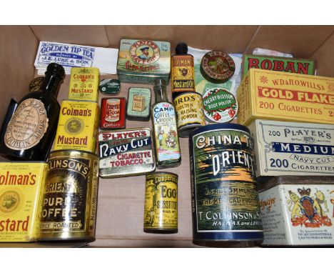 ONE BOX OF VINTAGE ADVERTISING TINS AND PACKAGING, to include a full tin of  T. Collinson &amp; Sons Ltd. Orient China Tea, a