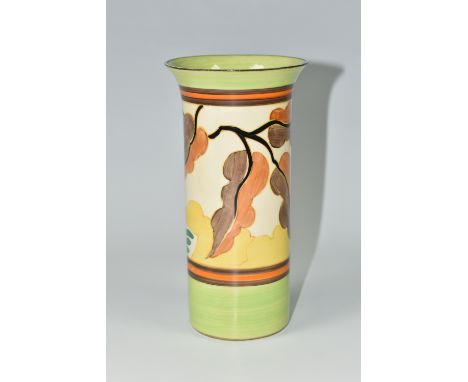 A CLARICE CLIFF 'ALTON' PATTERN VASE, of cylindrical form with flared rim, painted with a stylised landscape between green, o