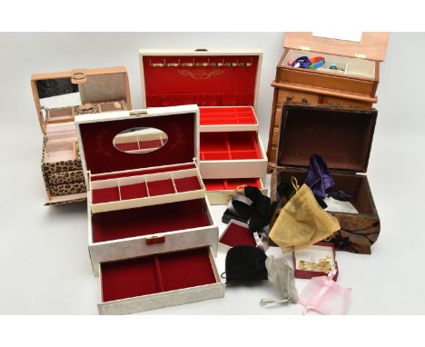 JEWELLERY BOXES, to include a multi storage wooden jewellery box with four draws and a necklace draw with hinged lid containi