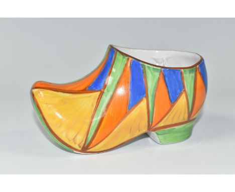 A CLARICE CLIFF SABOT/CLOG, from her Bizarre range, painted with an abstract geometric design, with gold 'hand painted, Bizar