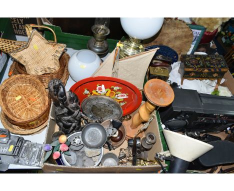 THREE BOXES AND LOOSE TREEN, METAL WARES, BINOCULARS AND SUNDRY ITEMS, to include a pewter porringer with Tudor Rose motif an