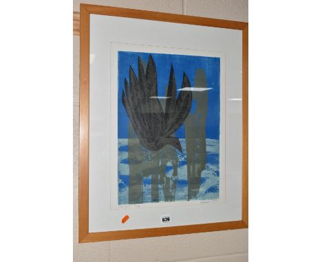 HEINKE JENKINS (1937-2023) 'NIGHT' A LINOCUT PRINT, a limited edition polychrome print on paper depicting a solitary bird, si