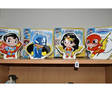 FOUR BOXED ENESCO 'DC SUPER FRIENDS' COIN BANKS, the ceramic money boxes comprising Wonder Woman, The Flash, Batman and Super