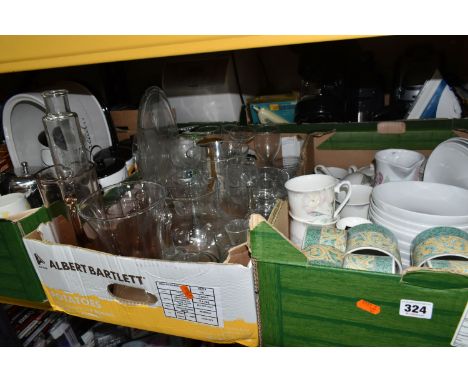 FIVE BOXES OF KITCHENWARE, to include a Breville electric iron, dinnerware, tea ware, clear glass pitcher, Panasonic bread ma