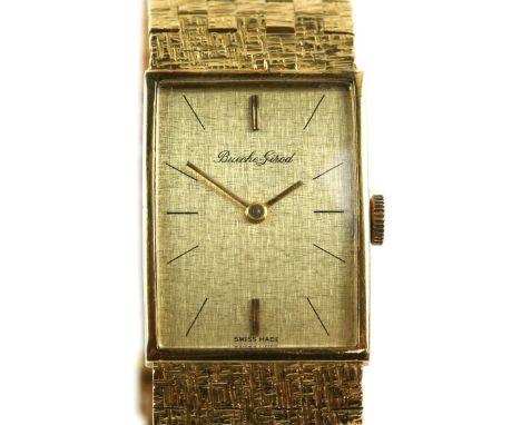 Bueche Girod A Ladies dress watch in a rectangular  gold case, the signed champagne dial with gold baton hour markers at 12 a