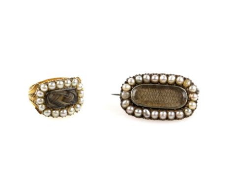 Georgian  mourning ring, central hair panel, set within a pearl border, reverse inscription ' Josh Seger Ob 4 May 1821 at 80 