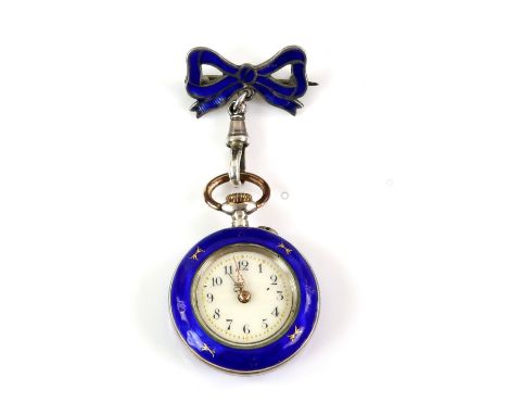 A continental Blue enamel open face silver pocket watch , the dial with Arabic numeral hour markers and gilt minute track, gi