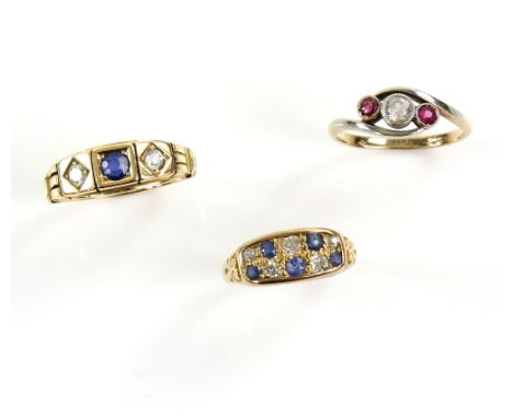 Three gem set rings, one sapphire and diamond three stone, mounted in 18 ct, ring size P, another Edwardian sapphire and diam