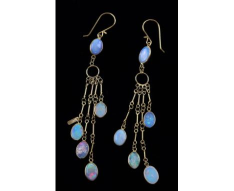 Opal drop earrings, cabochon cut opals in a spectacle setting, in a graduated chandelier design, French wire fittings, in 14 