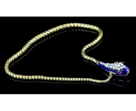 Victorian gold snake necklace, head set with pearls and oval cut ruby eyes, on top of blue guilloche enamel, with graduated g