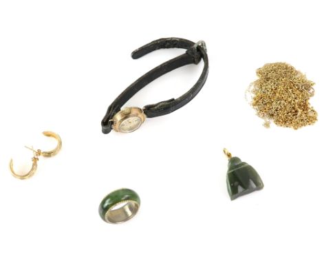 Mixed group of items, carved Jade Buddha pendant, 2.9 x 1.8cm, four gold chains, a pair of hoop earrings, all in 9 ct, vintag