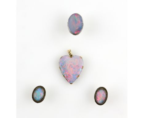 A group of opal doublet jewellery, including a heart pendant, mount testing as 14 ct, 4.5 x 3cm, an oval ring, ring size G an