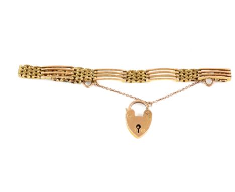 Victorian gold gate link bracelet, of plain long and textured short bars with a heart form clasp, 9 ct gold, antique turquois