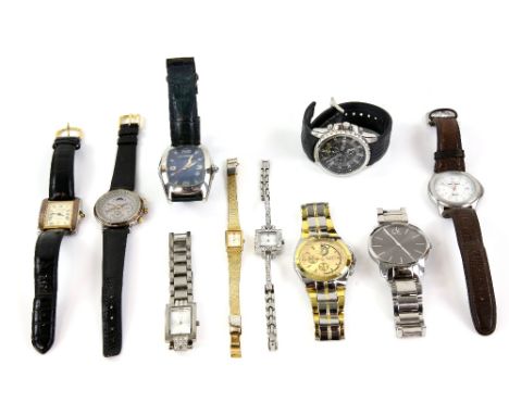 Ten fashion watches, including gents Fossil, Timex, Krug Baumen wristwatches and a ladies Rotary in gold plated case and brac