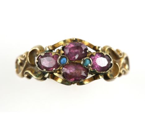 Antique ring, set with turquoise and garnets, with engraved detailing, in 9 ct hallmarked Birmingham 1863, ring size N.      