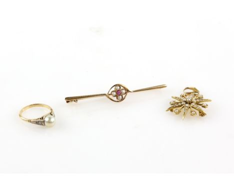 1920's pearl and old cut diamond ring, ring size N, with a ruby and pearl bar brooch, both in 18 ct and Edwardian seed pearl 