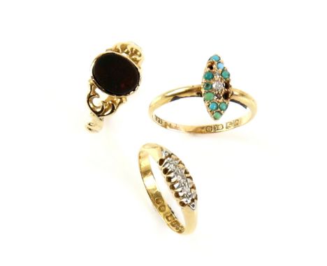 Three antique rings, one three-stone diamond set, size M, another set with diamond and turquoise in marquise form, size Q, bo