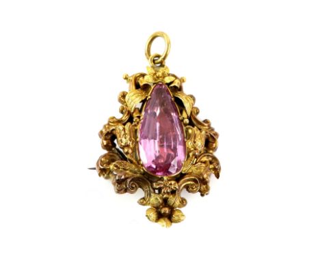 19th C pink topaz foil backed pendant, pear cut topaz 18.9 x 9mm, mounted in 18 ct floral border, jump ring bail, pin and cat