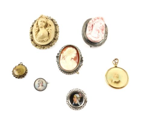 A Limoge painted portrait brooch, another depicting an 18th C lady, shell and lava  cameos, and other items .      CONDITIONl