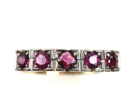 Vintage dress ring, set with five round cut rubies, ring size U, mount stamped 14 ct .      CONDITION14 ct gross weight 5.1 g