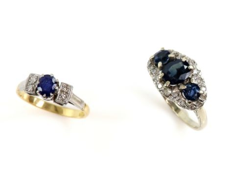 Two sapphire and diamond rings, one vintage three stone cluster, ring size K and a dress ring, size L, both mounts stamped 18