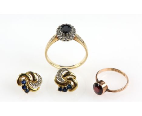 Sapphire and diamond earrings, boxed by Ernest Jones, similar sapphire ring Size R1/2  and a single stone garnet ring size H,