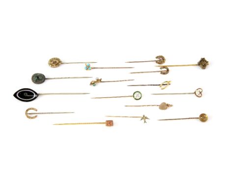 Sixteen stick pins, one set with turquoise and rose cut diamond in clover leaf motif, another set with seed pearls in the for