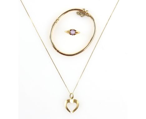 Modern gold open heart pendant, on a fancy link chain,  with a round cut amethyst ring, size M, both stamped 18 ct, and an ov